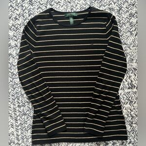 Lauren Ralph Lauren Black Long SleeveTop with Gold Stripes Women’s Petite Medium